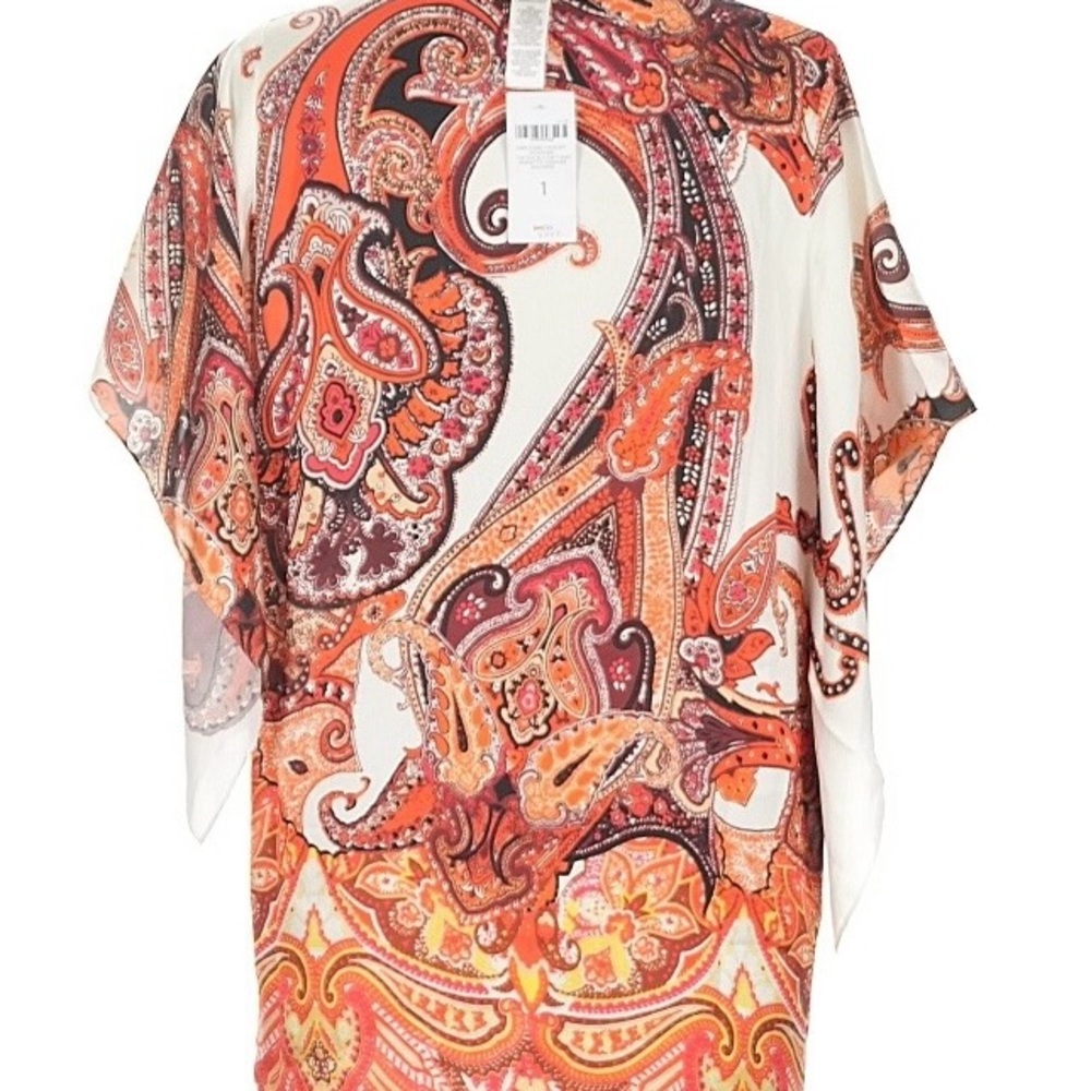 NWT Chico's Vibrant Paisley Blouse - Red, Orange, Cream V-Neck and Flare Sleeves - Picture 2 of 6
